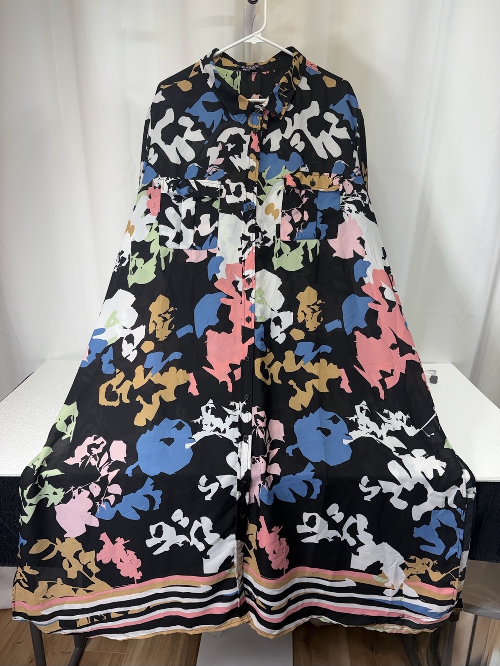 Roaman's Black Midi Dress with Pastel Floral Abstract Print 4215